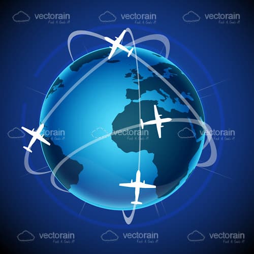 An Illustrated Globe with 4 Airliners with Path Lines Traveling Around